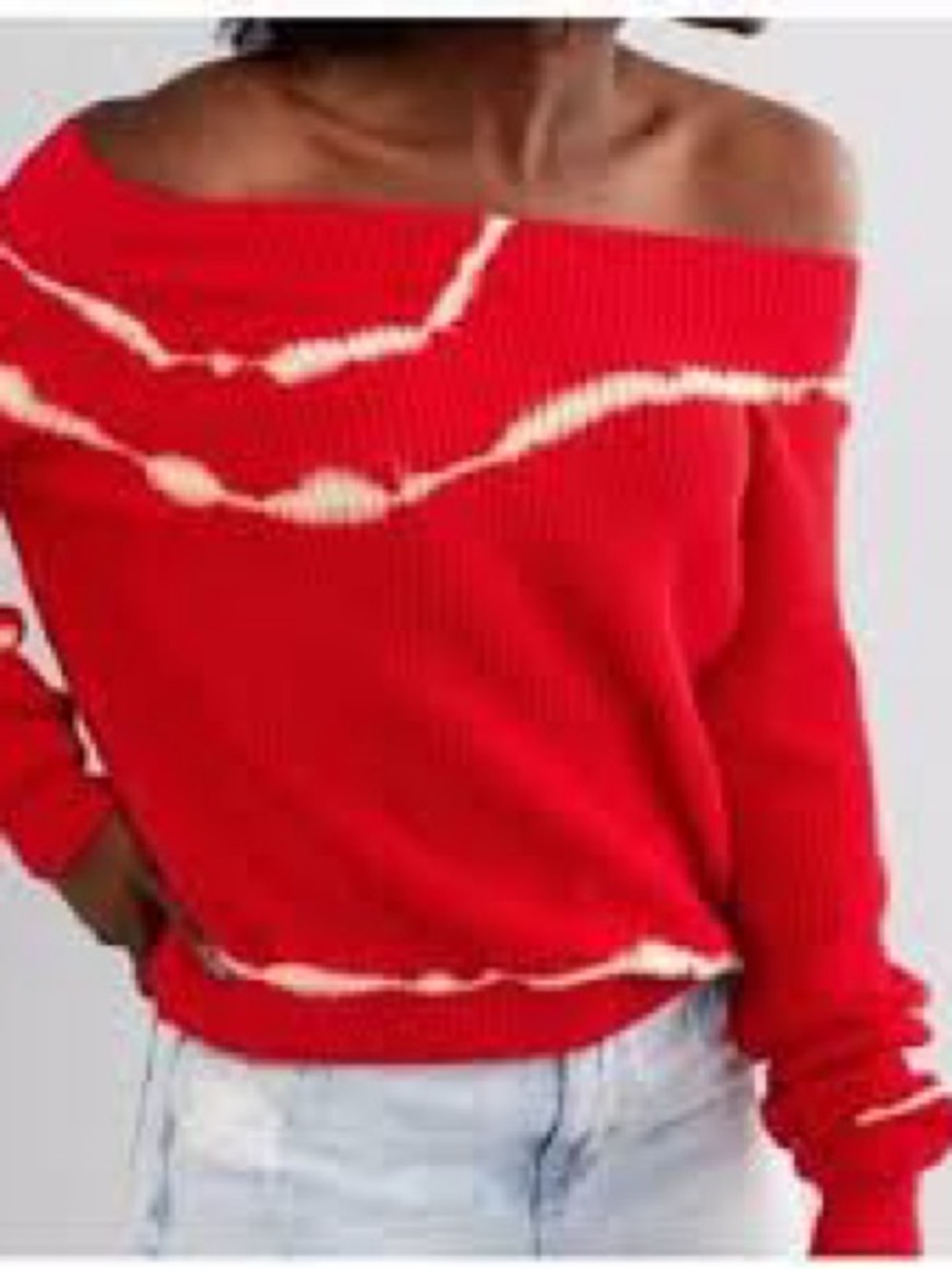 Gilded Intent Red Off-the-Shoulder Sweater with Cream Distressed Trim